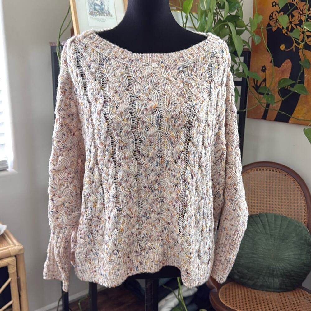 Free People Confetti Combo Cable Knit Pullover Boho Nantucket Fisherman Sweater